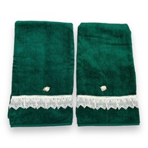 2 Vtg Lady Pepperell Hunter Green Hand Towels USA Made Lace White Roses 15x28” - £22.19 GBP
