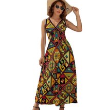 Mondxflaur African Grid Summer Dresses for Women V-neck Sleeveless Long Dress - £28.73 GBP+