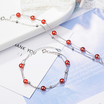 925 Stamp Silver Color Bracelet Fashion Red Garnet Stone Double Layer Beads Chai - £14.22 GBP