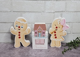 Pink Gingerbread House Advent Calendar Girl &amp; Boy Figures Christmas Wood 3 Pc - £26.56 GBP