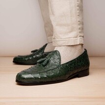 Aubiere Genuine Ostrich Quill Tassel Loafers Shoes Forest Green image 7