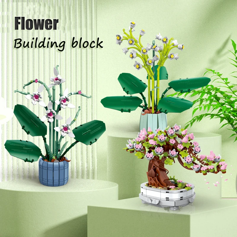 Potted Cherry Blossom Building Blocks Green Plant Lily of The Valley Bouquet - £18.72 GBP+