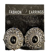 VTG Black Oval Cabochon Deco Earrings Silver Tone Black Glass Clip On Earrings - £14.77 GBP