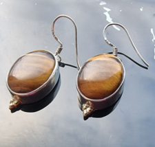 925 Sterling Silver Natural Amazingoval 16x13 Mm. Tiger&#39;s Eye Drop Earrings - £34.26 GBP