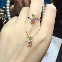cat shape yellow green tourmaline ring  and necklace jewelry set real 925 silver - £60.29 GBP