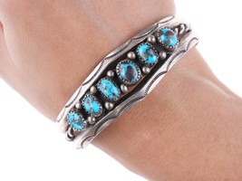 c1950&#39;s 6.75&quot; Navajo silver and turquoise twisted wire stamped edge bracelet - £356.11 GBP