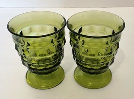 Indiana Glass Whitehall Flared Cubist Avocado Green Footed 9 Ounce Tumblers Two - £14.93 GBP
