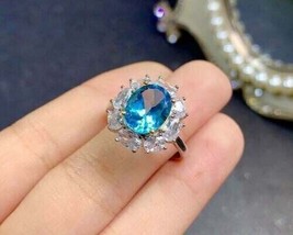 3Ct Oval Cut Halo Blue Topaz Wedding Gift Engagement Ring 14k White Gold Finish - £89.91 GBP