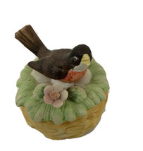 Vintage LEFTON Covered Trinket Box ROBIN Bird on Nest 2574 Bisque Porcelain - $14.00