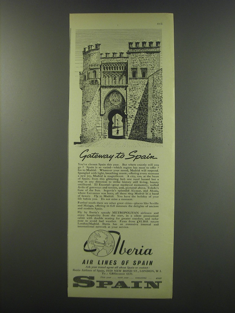 1957 Iberia Airlines Ad - Gateway to Spain - $18.49