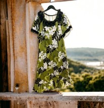 Royal Hawaiian Creations Women&#39;s Medium Green White Floral Maxi Dress SSleeve - £37.42 GBP