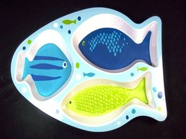 Fish shaped melamine 3 part divided plate Blues &amp; greens - $4.25