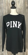 Victoria&#39;s Secret Pink Crewneck Sweatshirt Small Black, Distressed, Spel... - $17.82
