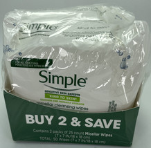 2 Pack Simple Kind To Skin Facial Care Micellar Cleansing Wipes 25 count each - £7.02 GBP
