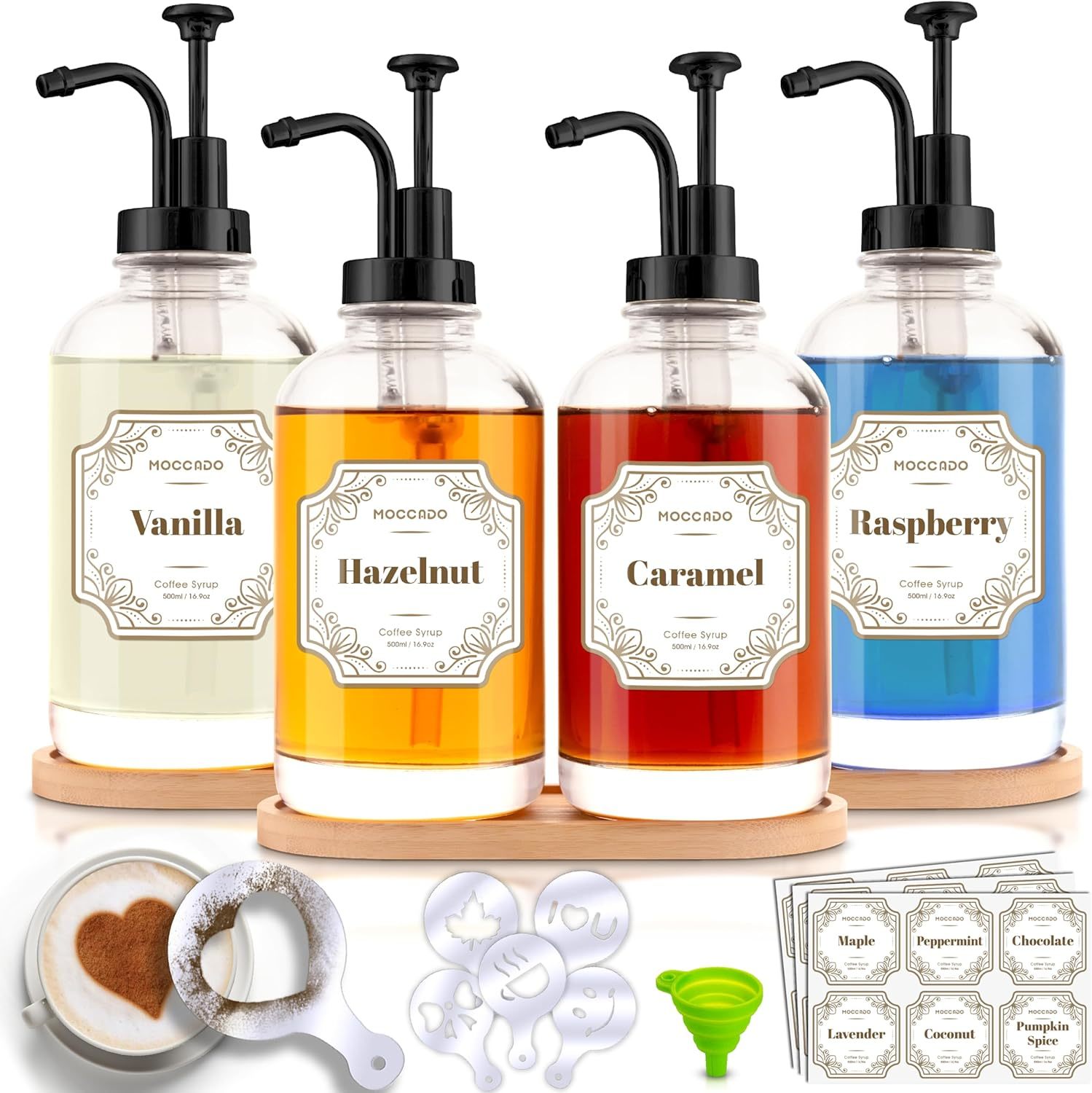 Glass Coffee Syrup Dispenser With Pump Set Of 4 - Black Coffee, Bottles ... - $37.93