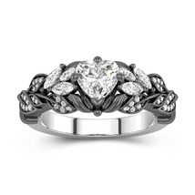 Black Engagement Ring For Women Leaf Inspired With Heart Stone Engagement Ring - £110.29 GBP