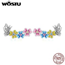 925 Sterling Silver Pink Blue Yellow Insect Butterfly Flowers Stud Earrings For  - £19.08 GBP