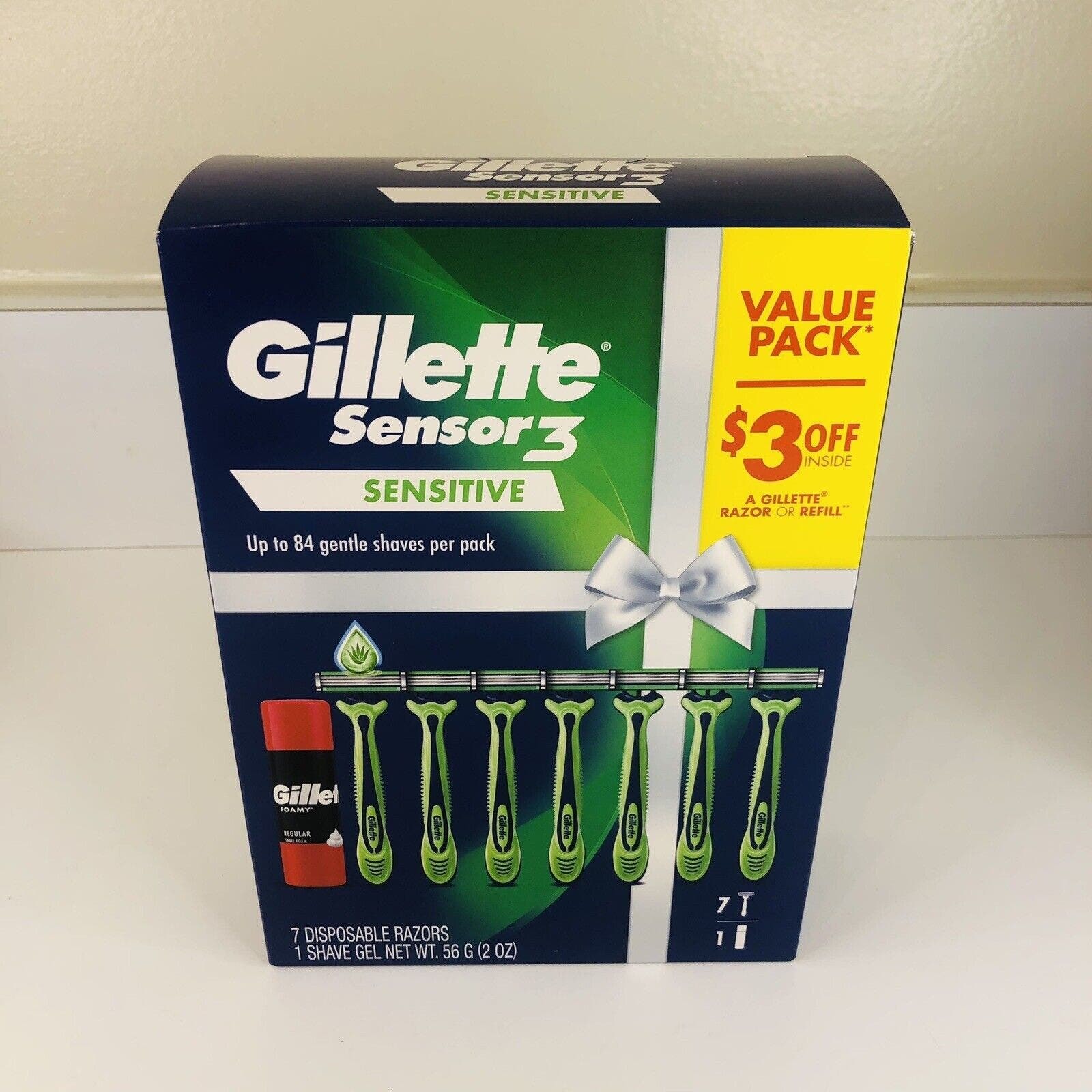 GILLETTE Sensor 3 Sensitive Gift Pack 7 Disposable 3-Blade Razors & Shave Foam - $9.50