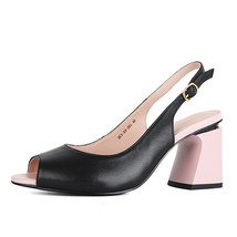 Peep-toe Sandals Leisure Sheepskin Thick Heels Slingback Female Shoes Buckle Bac - £76.05 GBP