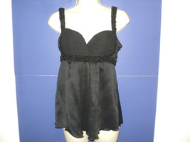 NEW BEBE Cami Top Size S Black Crinkled Beaded Accents 100% Silk High Waist - $20.19