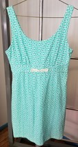 Skirtin Around Knit Dress Front Turquoise White Quatrefoil Print Sz 10 M... - £19.53 GBP