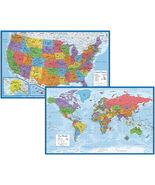 Laminated World Map &amp; US Map Poster Set 18&quot; x 29&quot; Wall Chart Maps of the - £10.62 GBP