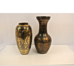 Vintage Brass Vase Urn Pair Etched Metalware Set Lacquered Vintage India... - $62.88