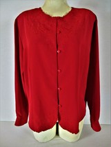 Notations womens Large L/S red EMBROIDERED neckline &amp; hem button down top (F) - £12.54 GBP