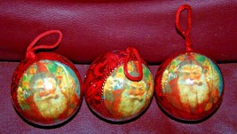 Vintage Handmade Set 3 Styrofoam Ball Decoupage Ornaments -SANTA w/PIPE - 1 Flaw - £7.85 GBP