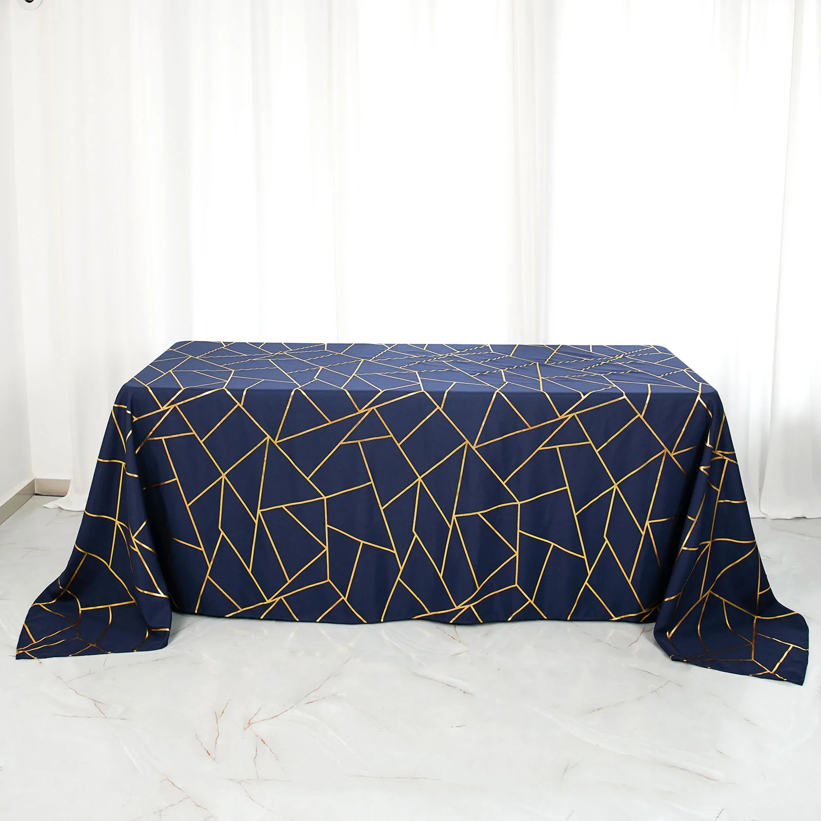 Navy Blue - 90&quot;x132&quot; Rectangle Polyester Tablecloth Gold Foil Geometric - £39.45 GBP