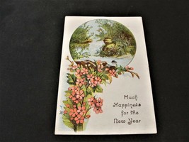 Victorian Ephemera-Much Happiness for New Year, Flowers, Lake -1800s Trade Card. - £4.90 GBP