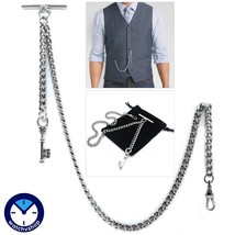 Albert Chain Silver Color Pocket Watch Chain for Men Vintage Key Fob T Bar AC54N - £14.14 GBP