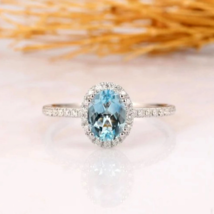 AAA Swiss Blue Topaz Halo Engagement Ring, 925 Silver Jewelry, Birthday Gift - £71.14 GBP
