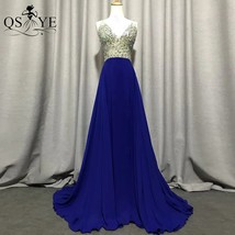 Royal Blue Prom Dresses Bead Crystal Chiffon Evening Gown Deep V Neck Party Dres - £102.97 GBP