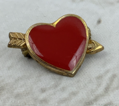 Cupid Heart Bow Lapel Pin Red Gold Toned - $7.91
