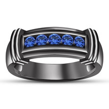 Mens 14K Black Gold Plated Round Blue Sapphire Wedding Pinky Band Fashion Ring - £69.36 GBP