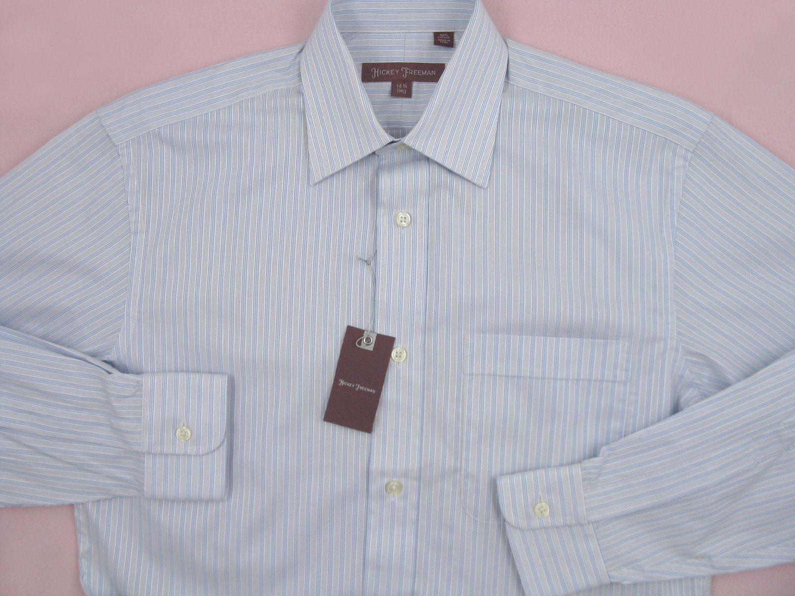 Primary image for NEW $195 Hickey Freeman Dress Shirt! 15.5 Long (35)  White, Blue & Black Stripes