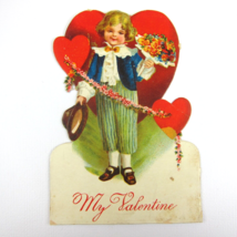 Antique Valentine Card Die Cut Blonde Boy Suit &amp; Hat Bouquet Flowers Red Hearts - £7.98 GBP