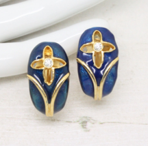 Vintage 1980s Royal Blue Enamel Floral Crystal Gold Clip On EARRINGS Jew... - $14.57