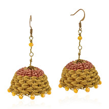 Elegant Hand-Woven Yellow and Brown Basket with Yellow Crystal Dangle Earrings - £9.20 GBP
