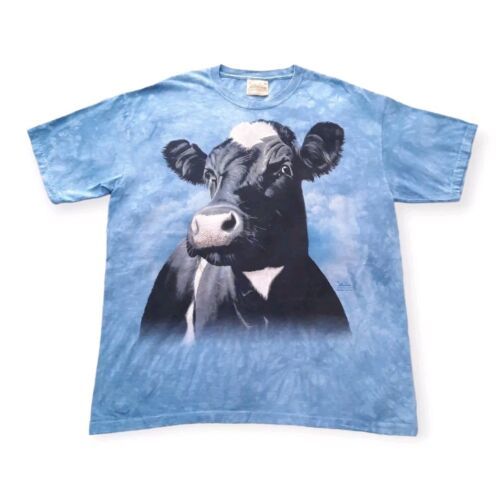 Vintage The Mountain Big Cow Shirt XL Blue Short Sleeve Mottle Dye Farm Animal - $33.14