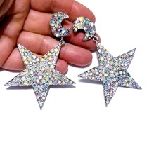 AB Iridescent Chandelier Earrings, Rhinestone Crystal Earrings, Moon Star Drop P - £32.31 GBP
