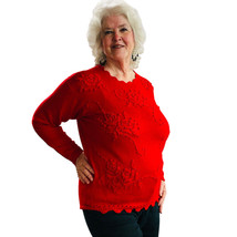 Vintage KORET Sz XL Red Embroidered Floral Knit Sweater Beads Scallop Hem - £13.23 GBP