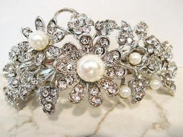 Silver flower shaped pearl and crystal hair barrette clip bridal clip bridal - £18.34 GBP