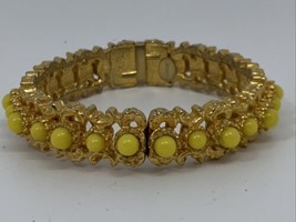 Jeanne FOR REPAIR Signed Clamper Bangle Gold Tone Yellow Beads Hinged Br... - £22.67 GBP