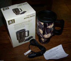 HEATED AUTO MUG w/12 volt car adapter - Stainless Steel - Leaf Pattern -... - £11.95 GBP