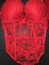 Victoria&#39;s Secret 34C M BOMBSHELL TEDDY one-piece Bodysuit RED Lace VERY... - £23.35 GBP