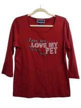 Karen Scott Love Me My Pet Paw Prints Dog Cat Red Shirt Womens Sz M 3/4 Sleeve - £15.81 GBP
