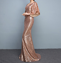 Rose Gold Sleeves Sequin Dress Gold Maxi Long Plus Size Mermaid Sequin Dress image 3