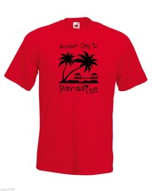 Mens T-Shirt Sunset Beach Palms &amp; Bungalows, Quote Another Day Paradise Shirts - £19.83 GBP